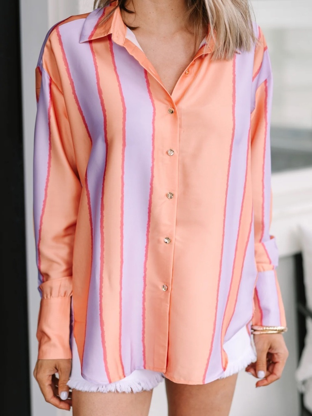 Entro In Your Heart Peach Orange Striped Blouse Silky Satin Top - Picture 2 of 8